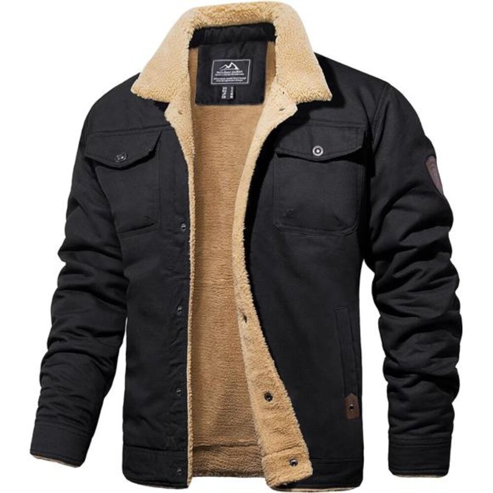 Men's Winter Jacket Lined Sherpa Jacket Warm Trucker Coat Multi Pocket